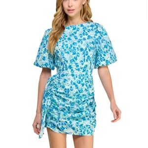 Blue and White Puff Sleeve Sheath Mini Dress